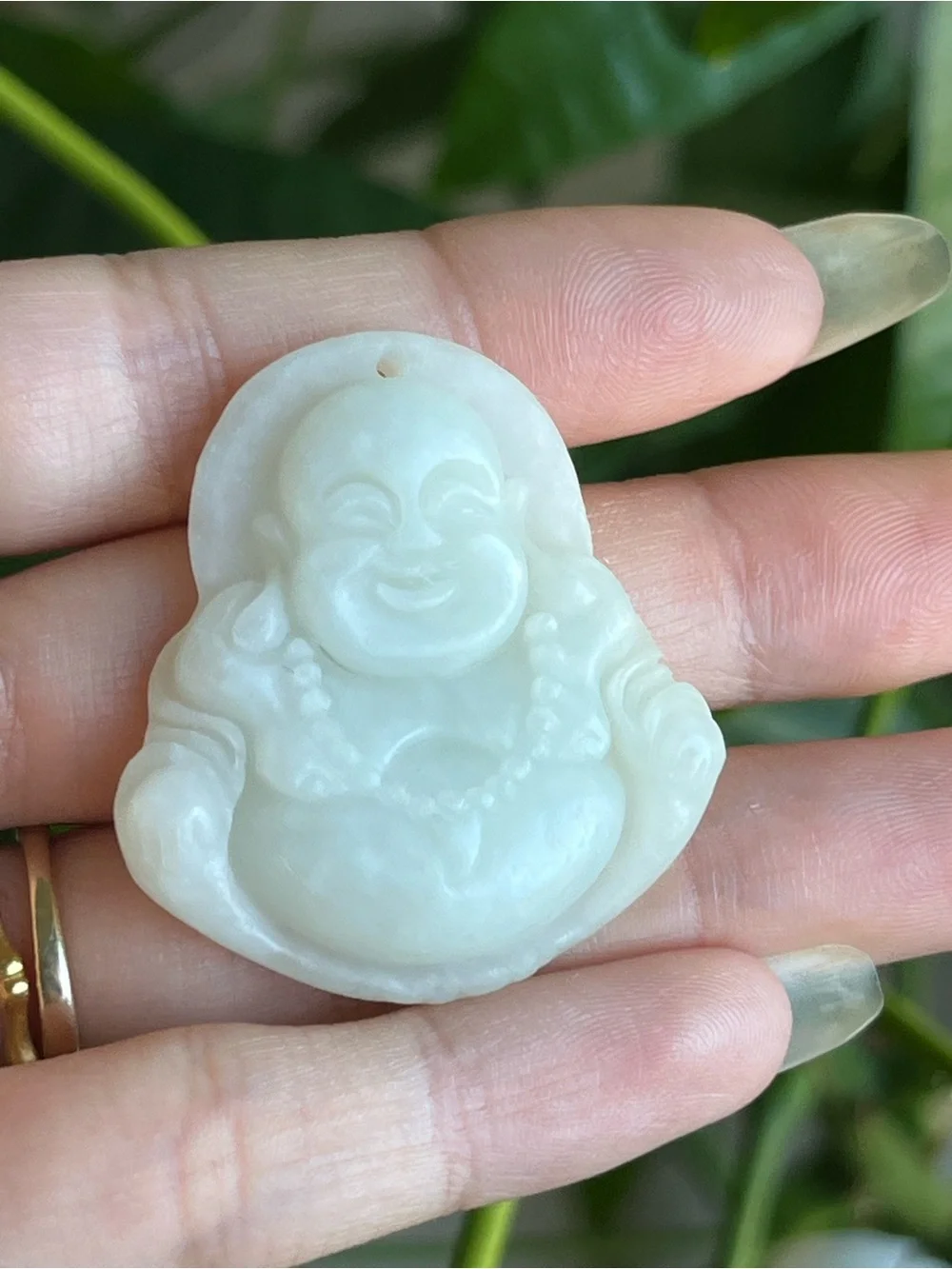 Natural White Jadeite-Style Nephrite Jade Carved Laughing Buddha Pendant - NWOT